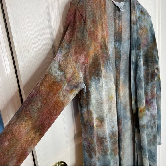 Tie dye cardigan duster brown gray steel ice open front long sleeve jacket M - Picture 4 of 11